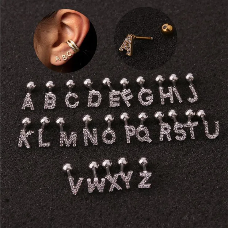 1PC 26 English Letters Zircon Piercing Earring for Women Stainless