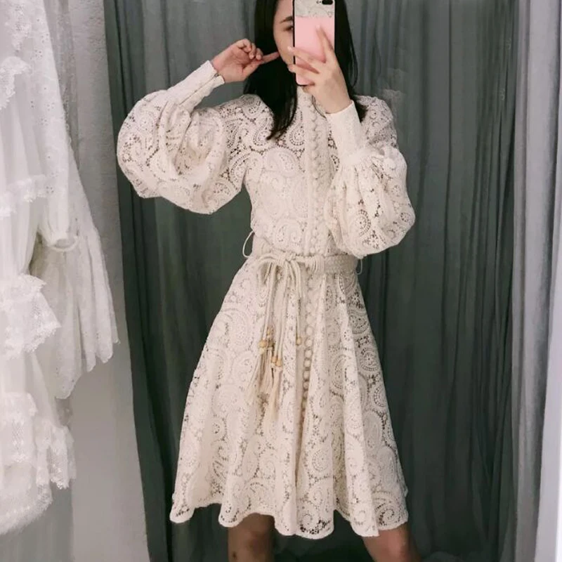 Fashion Runway Dress Women Summer Lace Embroidery Hollow Out White Dresses Elegant Long Sleeve Lace-up Slim Party Dress