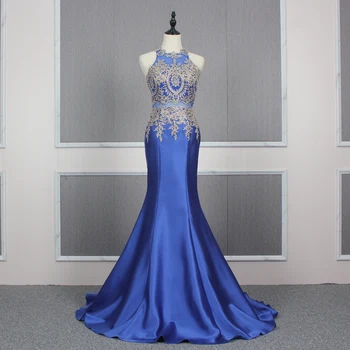 

Ready To Ship Keyhole Back Beaded Appliques Mermaid Blue Girls Party Wear Long Gown Prom Dress