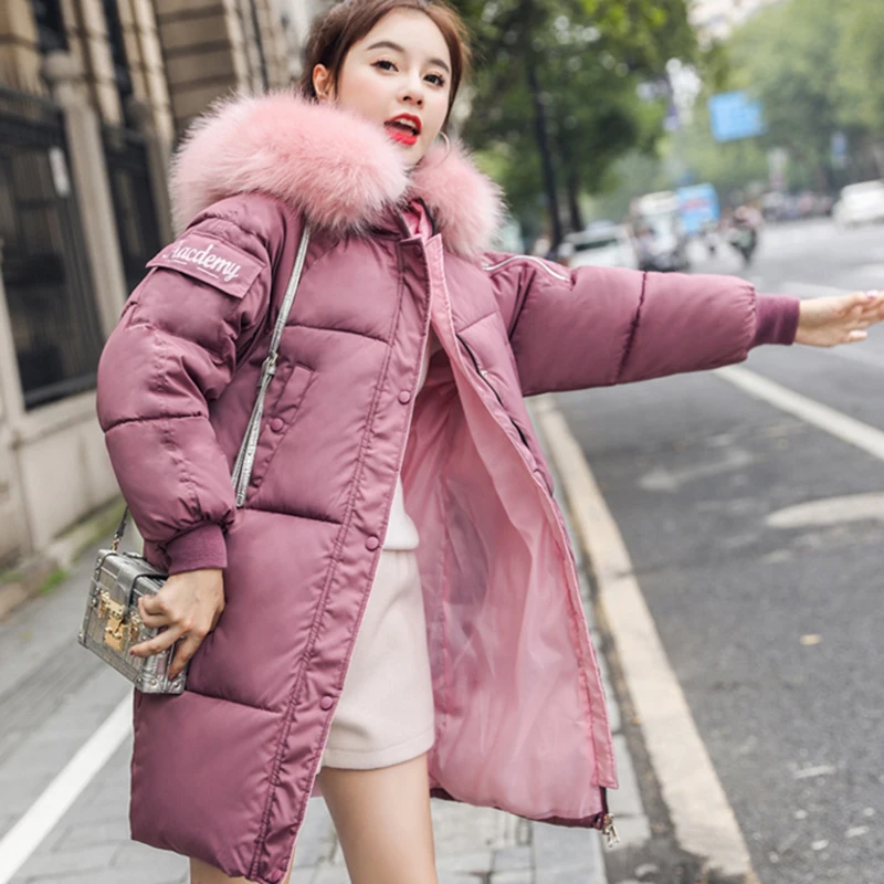 

2019 down cotton jacket female new fashion mid-length loose fur collar cotton jacket large size solid color casual wild jacket
