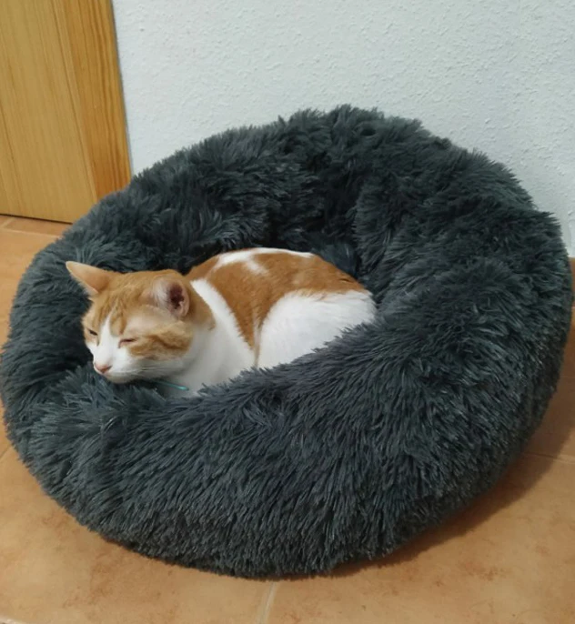  Round Plush Cat Bed House Soft Long Plush Cat Bed Round Pet Dog Bed For Small Dogs Cats Nest Winter