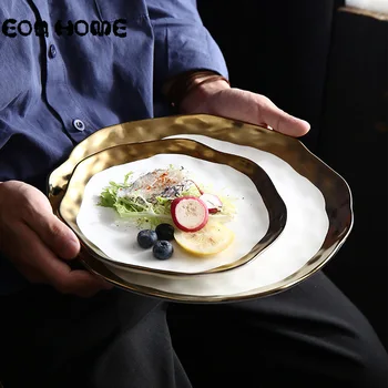 

10inch Gold Inlay Dinnerware Collection Ceramic Dinner Plates with Gold Edge Western Steak Flat Plates White and Black Tableware