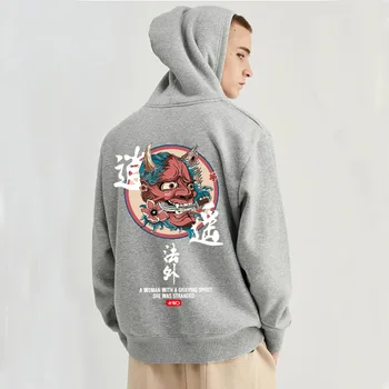 

Japanese Funny Cat Wave Printed Fleece Hoodies Winter Japan Style Hip Hop Casual Sweatshirts Ghost Chinese Charater Streetwear