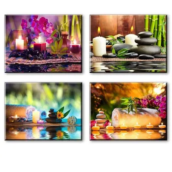 

2020 4Pcs Wall Art Zen Art Decor SPA Stone Green Bamboo Purple orchid Pictures Canvas Painting Home Decor