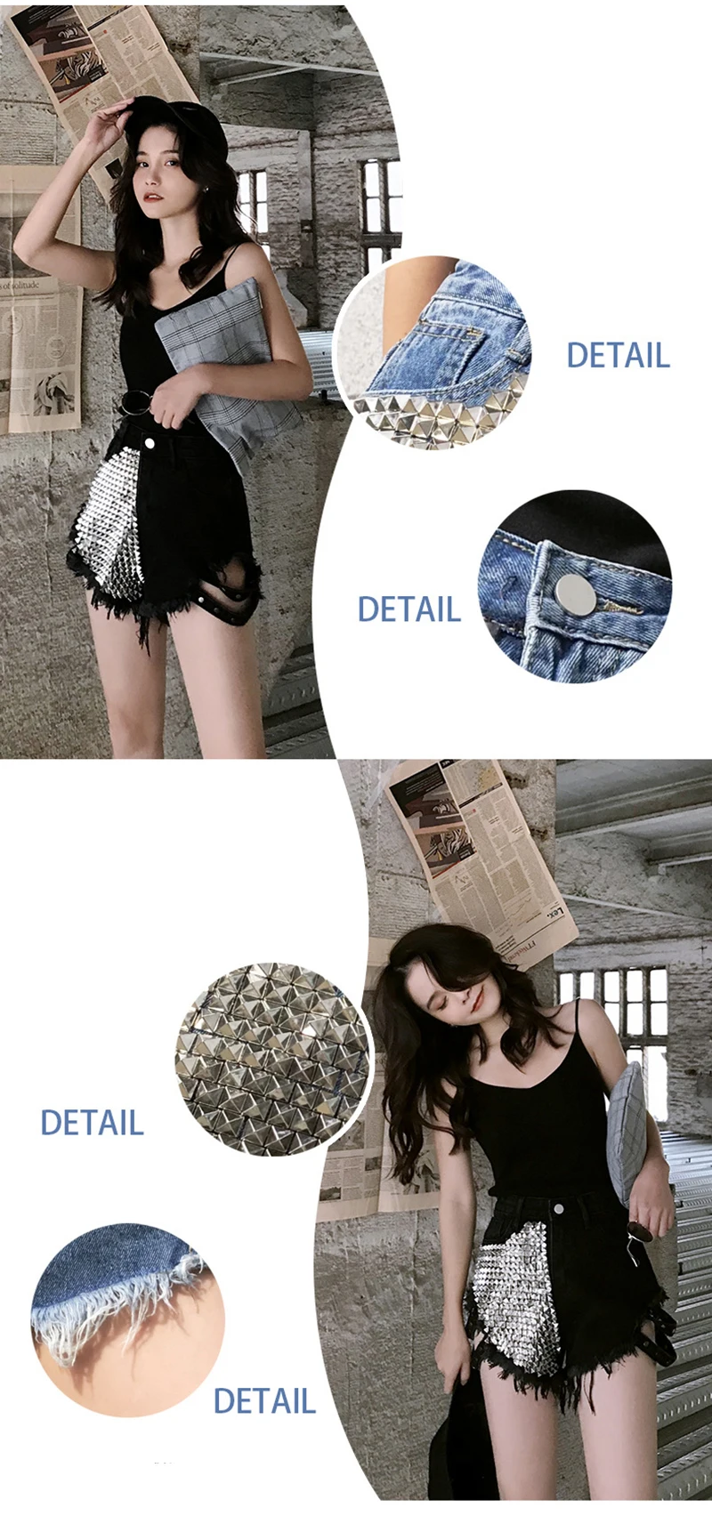 Personality Loose Short Jeans Women High Waist Ripped Hole Rivet Jean Shorts Black White Blue Denim Pants Fashion Streetwear