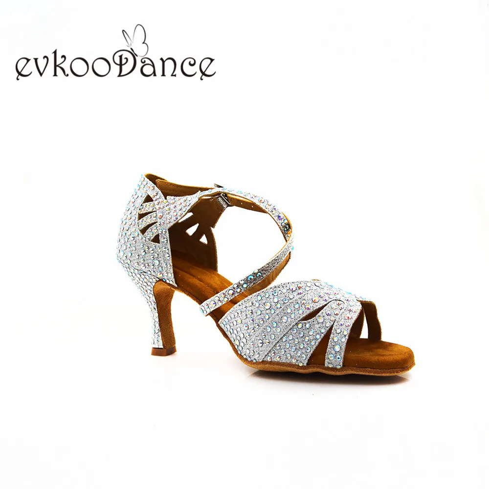 Zapatos De Baile/Обувь для танцев; обувь для латиноамериканских танцев, сальсы; женские Серебристые блестящие стразы; размеры US4-12; высота каблука 7 см; профессиональная обувь; NL344