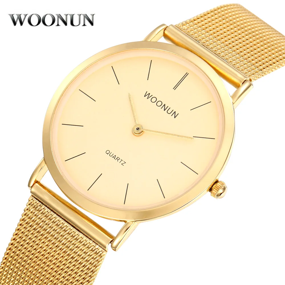 

WOONUN Top Brand Luxury Gold Watches Thin Mens Watches Men's Watch Men Stainless Steel Mesh Band Quartz Watch relogio masculino