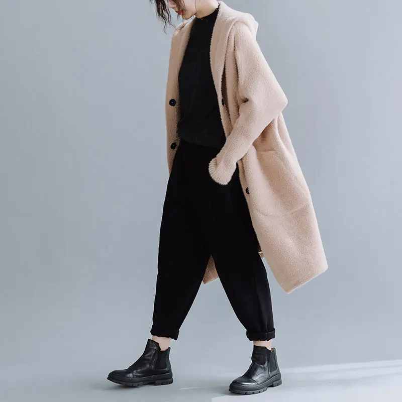 DIMANAF Winter Women Coat Wool&Blends Thick Plus Size Office Lady Outerwear Loose Hooded Batwing Sleeve Cardigan Female Clothes