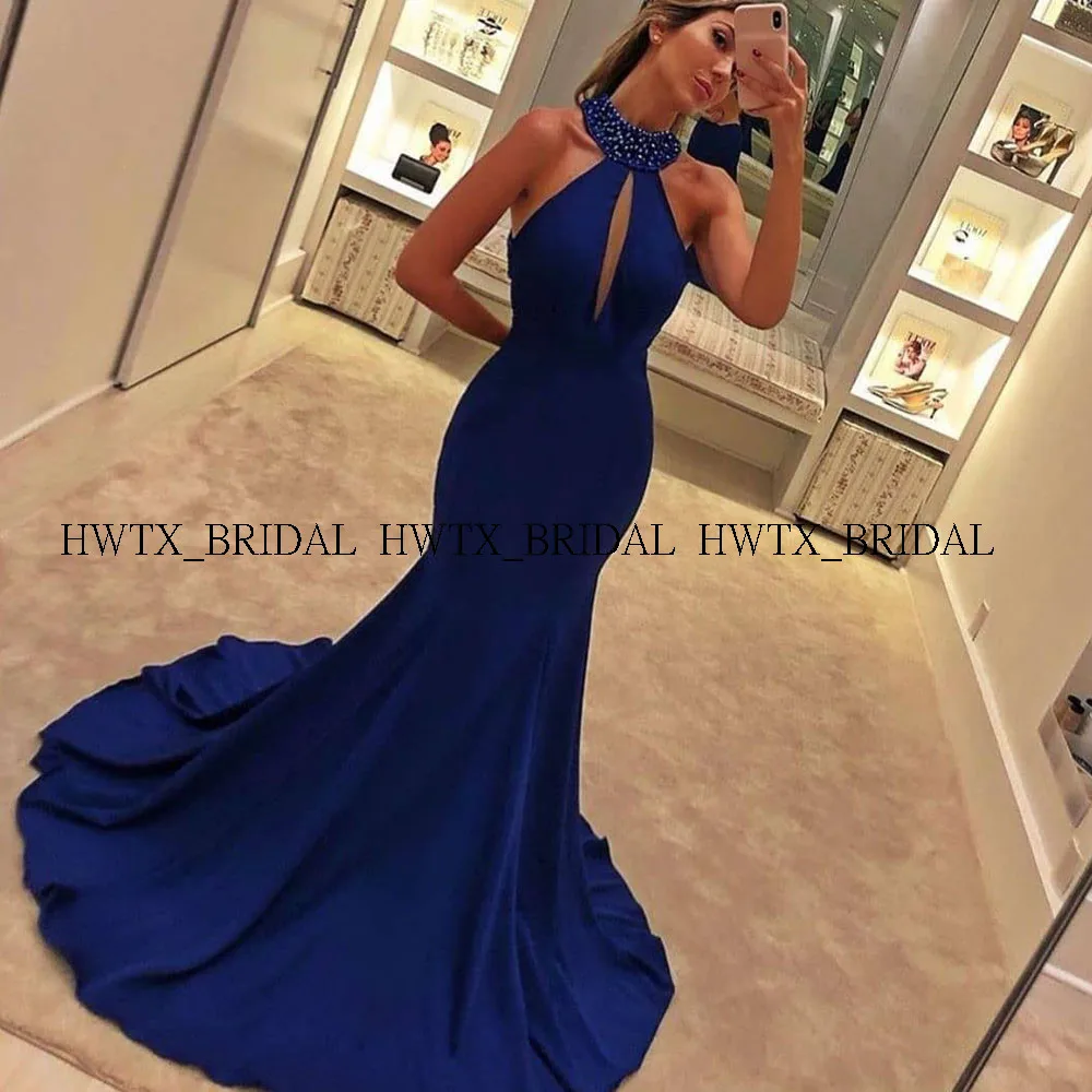 

Royal Blue Mermaid Prom Dresses 2020 Beaded High Collar Backless Cut-out Long Formal Evening Gowns Vestidos de fiesta de noche