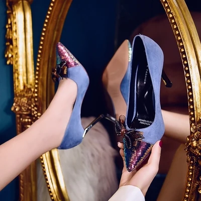 Fairy shoes single shoes tide spring and autumn bow high heels were thin sexy net red shallow mouth - Цвет: Синий