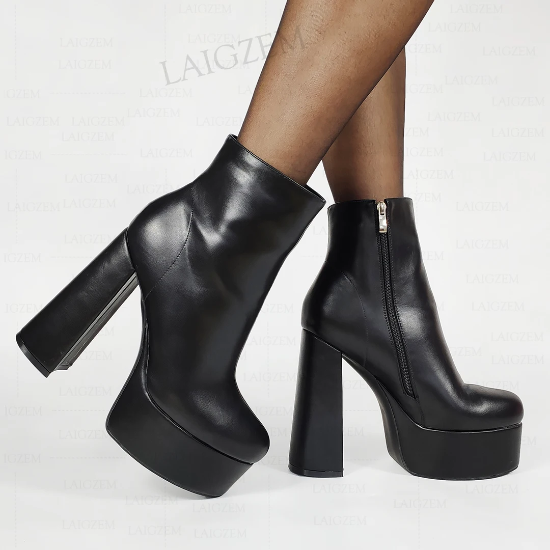 

LAIGZEM Women Ankle Boots Round Toe Block Chunky High Heels Short Booties Unisex Handmade Laides Shoes Woman Big Size 41 44 47