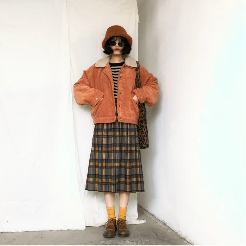 Vintage New Women Thick Warm Autumn Winter Harajuku Plaid Retro Skirt Female Cute Japanese Girls Kawaii Skirts Calf-length