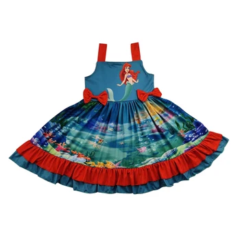 

hot sale summer boutique girls twirly dress lovely mermaid pattern blue dress red laceground
