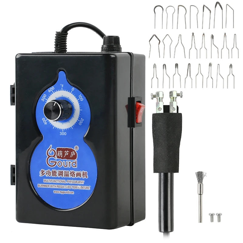 Mini máquina de pirograbado a temperatura ajustable, calabaza de color + 9 Uds., puntas de hierro para pirograbado, 220V, 40W