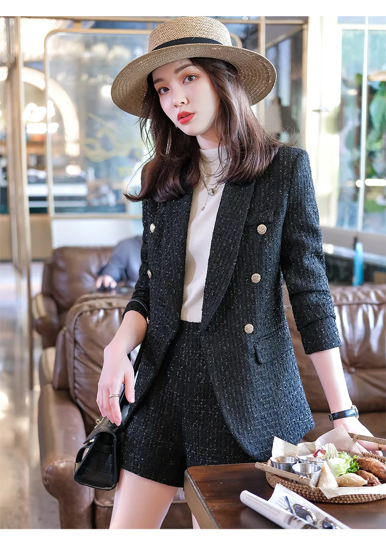 Boliyae Suit with Shorts for Women Spring and Autumn New Plaid Tweed Long Sleeve Blazer Sets Fashion Double Breasted Jacket Tops lounge sets