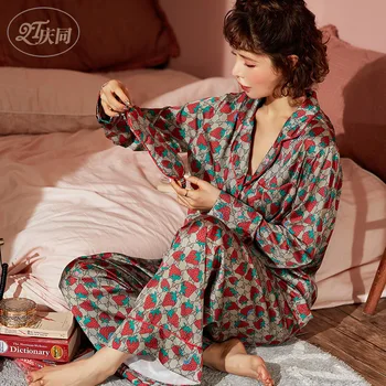 

Women's Thin 2-Piece Pajamas Turn-down Collar Long Sleeve Trousers Pijama Mujer Sexy Printing Sleepwear Loungewear Home Clothes