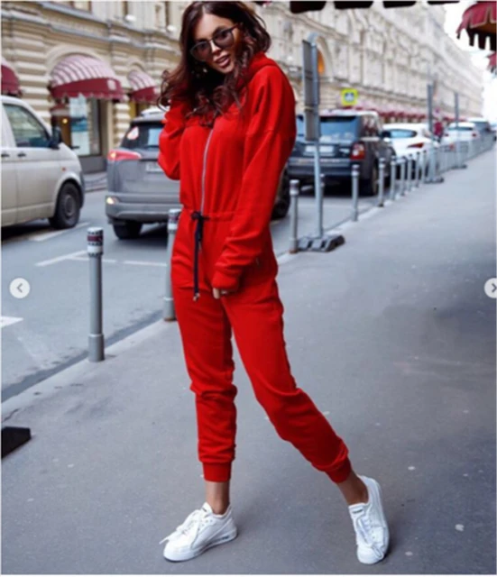 Wanita Zip Hoodie Jumpsuit Musim Gugur 