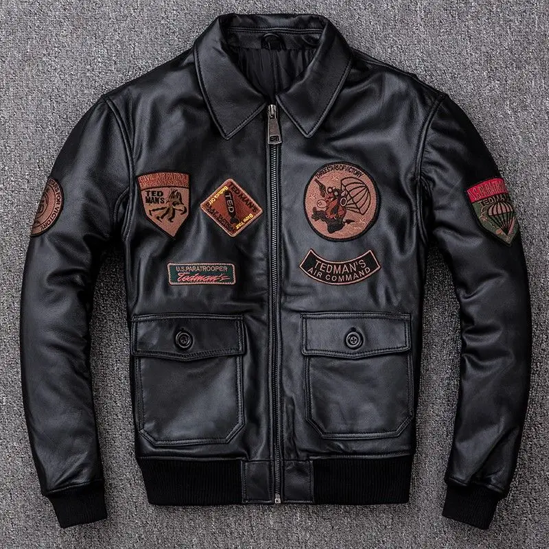 Мужская летная пилот кожаная куртка размера плюс 5XL натуральная овчина тонкая американская военная авиаторская кожаная куртка - Цвет: black2