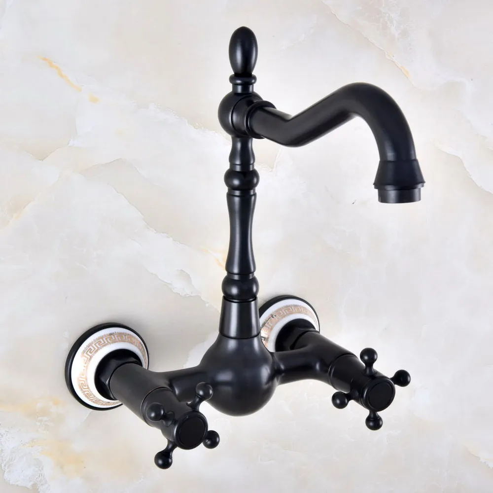 

Black Oil Rubbed Bronze Bathroom Kitchen Sink Faucet Mixer Tap Swivel Spout Wall Mounted Two Handles mnf877