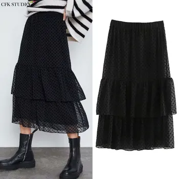 

ZA women midi skirts 2020 new fashion dot high waist elegant office lady black voile mesh midi skirts autumn long skirt