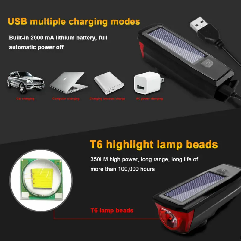 Солнечная приведенная в действие USB Перезаряжаемые светодиодный велосипедный головной светильник велосипед светодиодный головной светильник лампа+ Рог