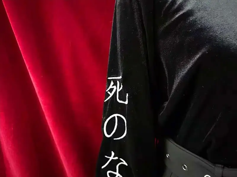 Harajuku Винтаж Collared бархатная блузка женская готическая уличная одежда с длинным рукавом женские кроп Топы японский панк 90'S девушка черная рубашка
