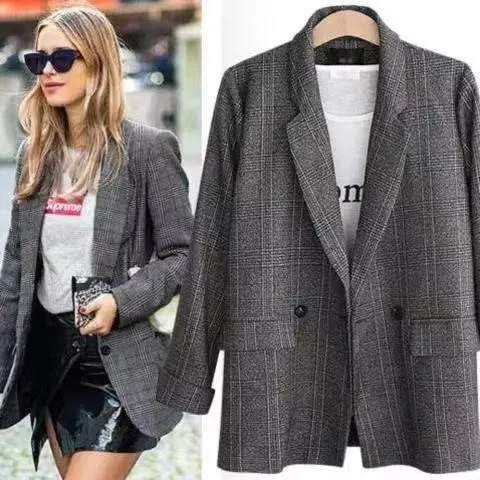 Fashion  Spring Autumn  Women's Blazers Plaid Double Breasted Pockets Formal Jackets Notched Outerwear Suit Gray Work Coat Slim 1