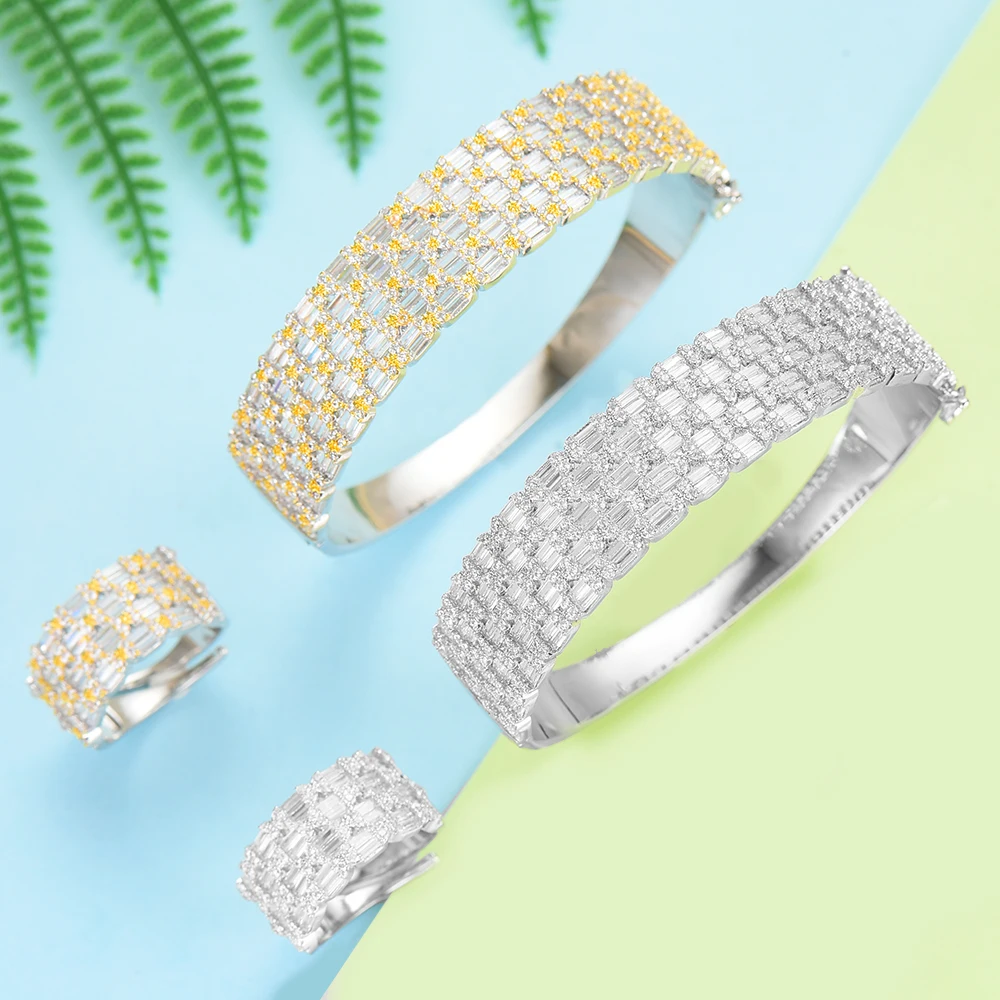 

GODK 2PCS Bracelets/Ring Luxury Cubic Zirconia Open Bangle Resizable Rings Trendy Girls Women Patry Wedding Jewelry Sets