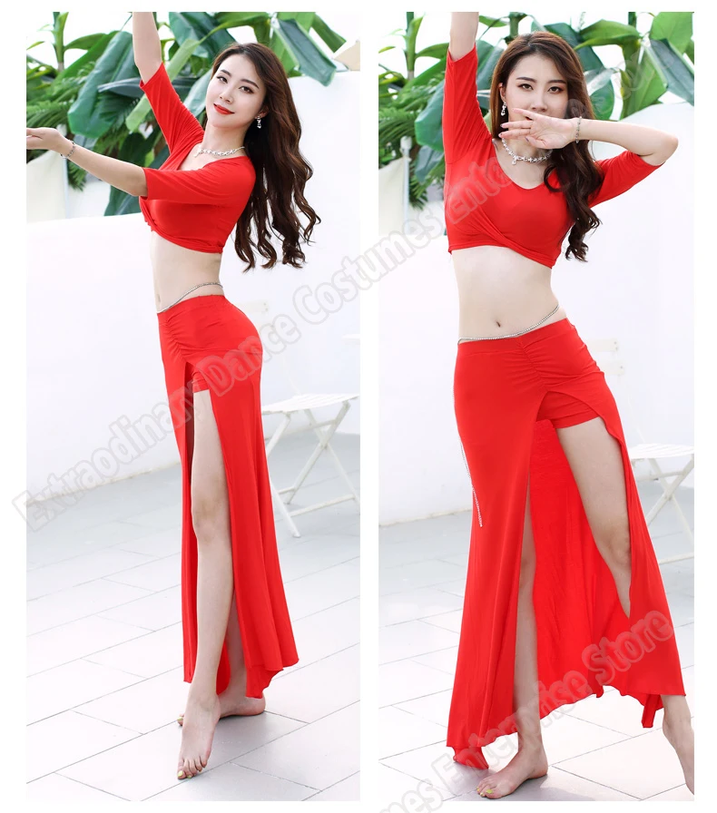 New Bellydance Top Skirt Practice Clothes Oriental Costumes Women Sexy Fashion Belly Dance Professional Top Skirts Split Set