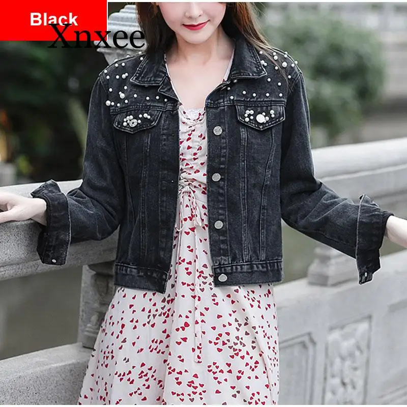 Pearl Beading Short Denim Jackets Women Wash Long Sleeve Vintage Casual Jean Jacket Denim Coat Women Jeans Coat  5xl