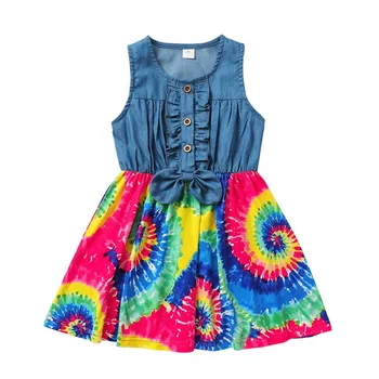

Baby Girls Dresses Infant Girl Casual Patchwork Dresses Floral Print Sleeveless Kids Denim Dress Summer