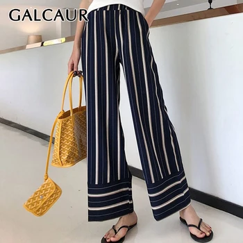 

GALCAUR Striped Full Length Pant For Women High Waist Hit Color Pockets Loose Wide Leg Pants Female 2020 Fashion New Style Tide