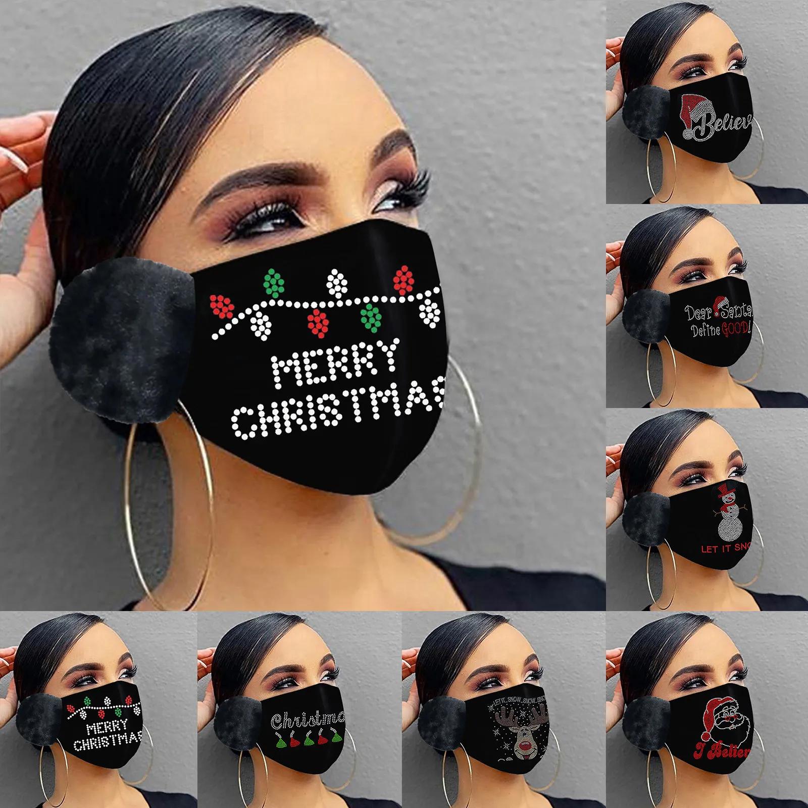 

1PC Adult Winter Earmuffs Mask Christmas Rhinestone Warm Hair Ball Hanging Ear Mask Headband Facemaska Face sunscreen masque