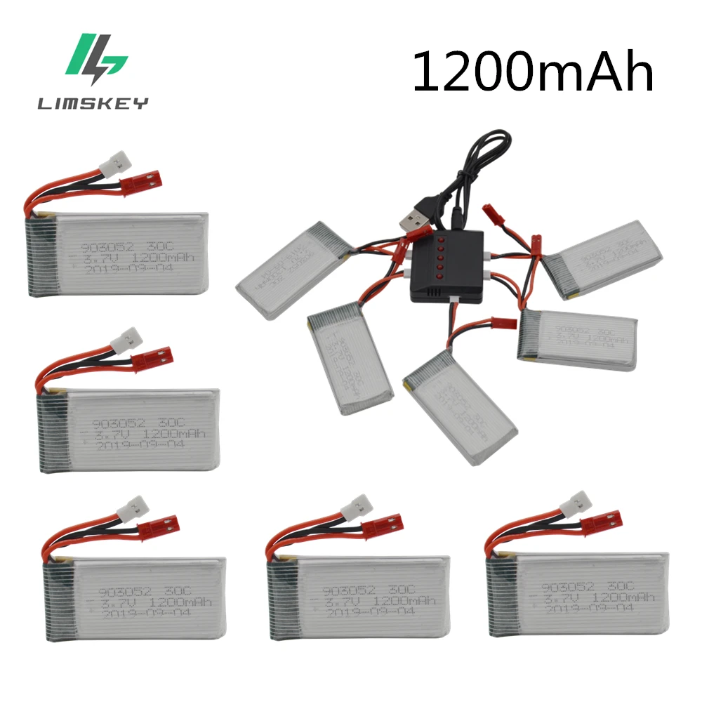 

5pcs 3.7V 1200mAh 25C Drone Rechargeable Lipo Battery 903052 + 5 in 1 Charger Set For RC SYMA X5SW X5 M18 H5P