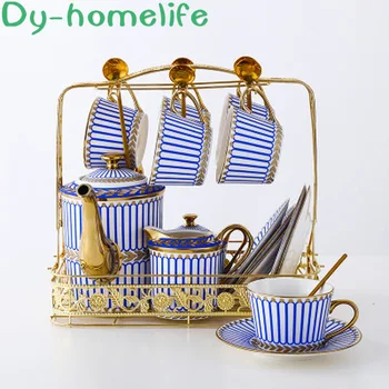 

Ceramic Coffee Tea Set Bone China Painting Gold Vertical Pattern Coffee Pot Cup Milk Jug Sugar Bowl Tea Set Storage Basket