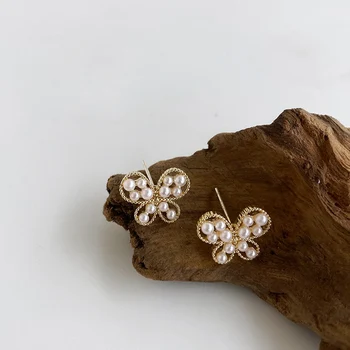 

MENGJIQIAO New Handmade Elegant Simulated Pearl Cute Butterfly Stud Earrings For Women Girls Fashion Boucle D'oreille Jewelry