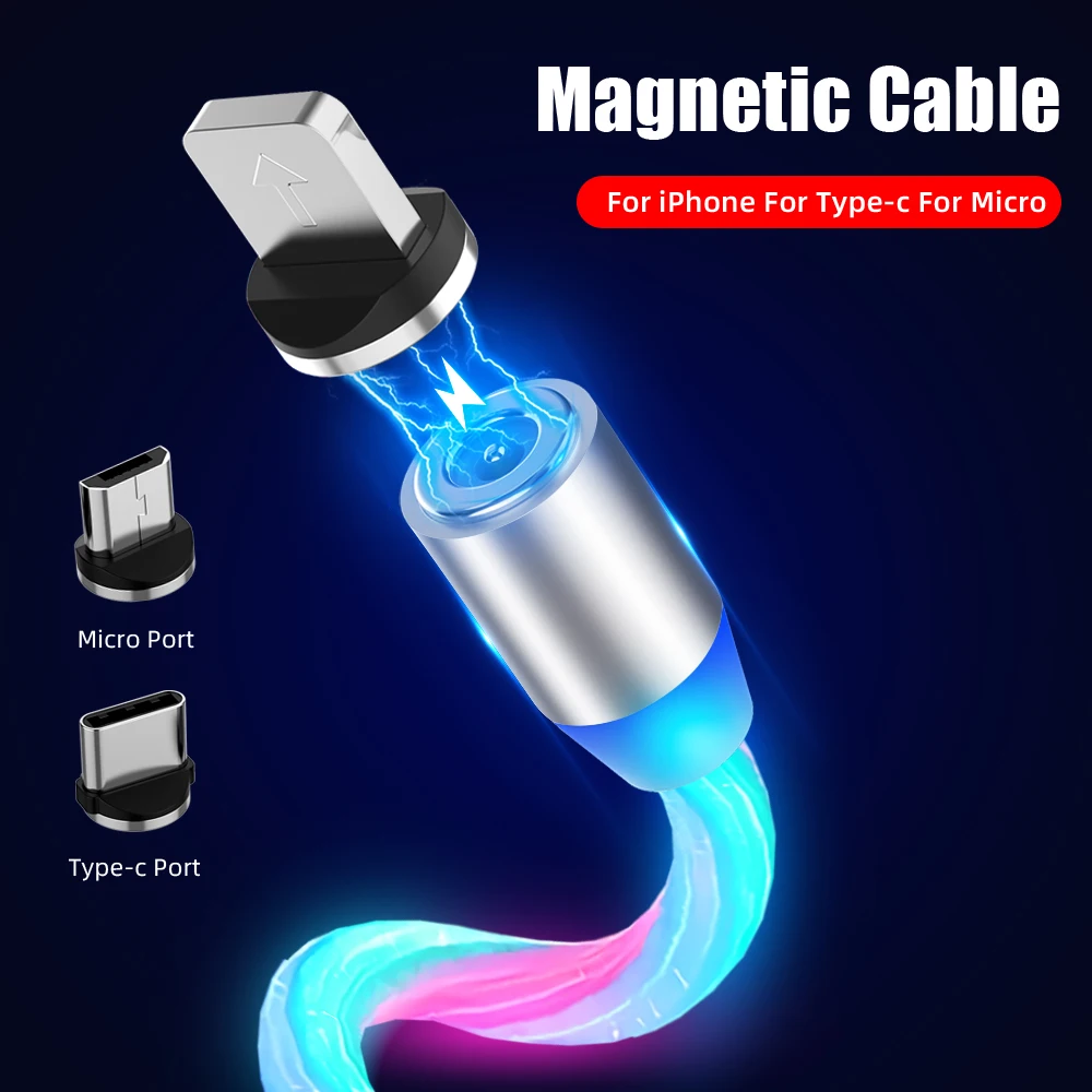 

3 in 1 Magnetic charging Mobile Phone Cable Flow Luminous Lighting cord charger Wire for iphone Samaung LED Micro USB Type C
