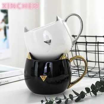 

XINCHEN Cute Cat Coffee Mug with 3D Ears and Gold Silver Handle Ceramic Tea Water Cup Gift for Women Girls White Black 500ml