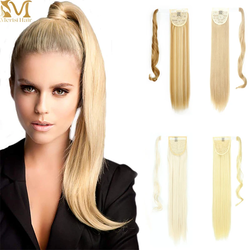 Straight Ponytail Hairpiece-Wrap Hair-Extensions Clip Blonde Fack-Hair Brown MERISIHAIR