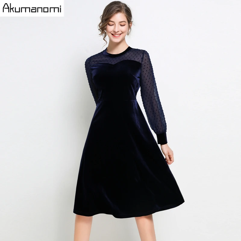 

Autumn Velvet Velour Dress Women Plus Size 5XL-l Mesh Full Sleeve Casual Party Office Dress Robe Vestidos Mujer Jurken Sukienki