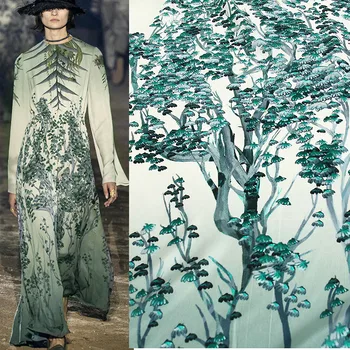

145X350cm Fashion Green Gradient Tree in Mysterious Forest Pattern Imitation Silk Satin For Woman Summer Long Dress DIY Sewing