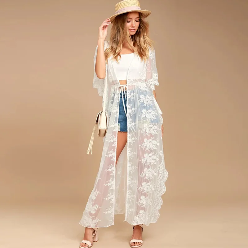 Women's Lace Cardigan Floral Crochet Sheer Beach Cover Ups Long Open Kimono-0