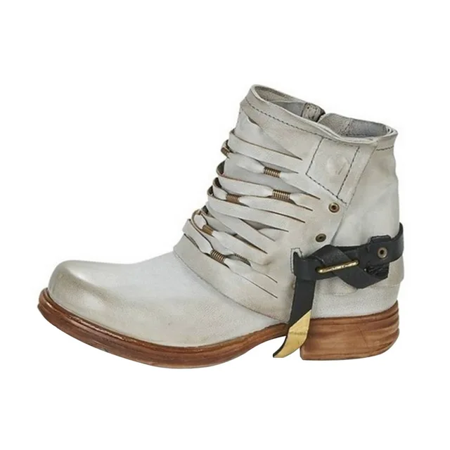 Vogue Retro Rivet Motorcycle Boots Women Leather Ankle Boots Nice Gothic Autumn Buckle Low Heel Short Boot Cowboy Shoes BEIGE B