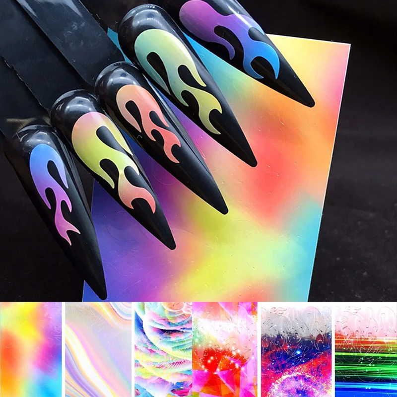 

6 sheets Rainbow Flame Nail Sticker Decals Adhesive Manicure Fire Flame 3d Nail stickers Fiery Holographic Nail Wraps
