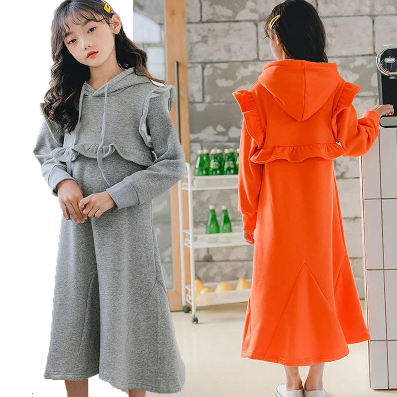 

Velvet Christmas Dress Sweatshirts For Girls Long Teenage Sweatshirt Girl Autumn Winter Grey Orange Baby Dresses Girl Clothing