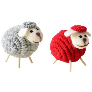 

2x Christmas Nordic Wool Felt Lovely Sheep Cute Desktop Mini Ornaments New Year Table Decorations Red & Grey