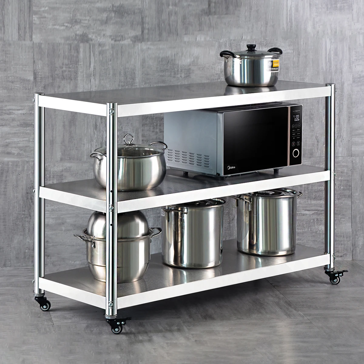 Stainless Steel Storage Rack With Brake Wheels Threelayer Kitchen