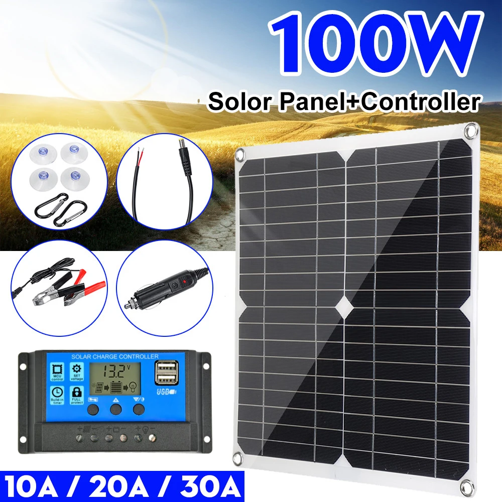 Panel Solar Dual de 100w y 12v/5v con USB, controlador de 30A, células solares a prueba de agua, células solares policristalinas para coche, yate, RV, cargador de batería