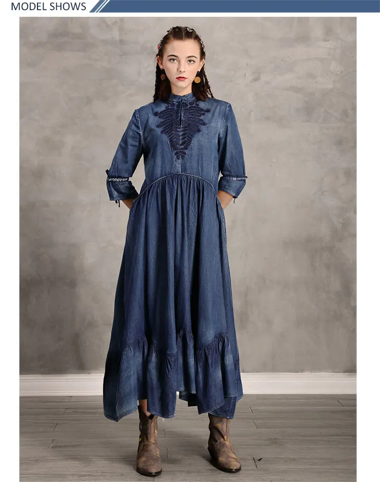 Женское платье Yuzi. may Boho, новые джинсовые женские платья со стоячим воротником, винтажная вышивка, рукав до локтя, Vestidos A82190 Vestido