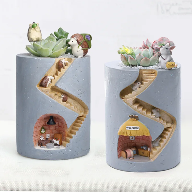 

Roogo Home Cross Border Light Sensation Resin Succulent Creative Flowerpot Office Pen Container Desktop Micro Landscape Potted P